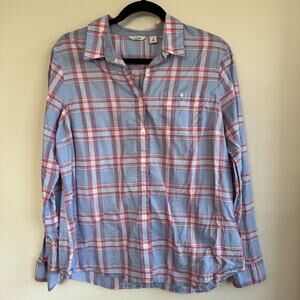 L.L. Bean Plaid Top Blue Red Sz M Long Sleeve Button Front